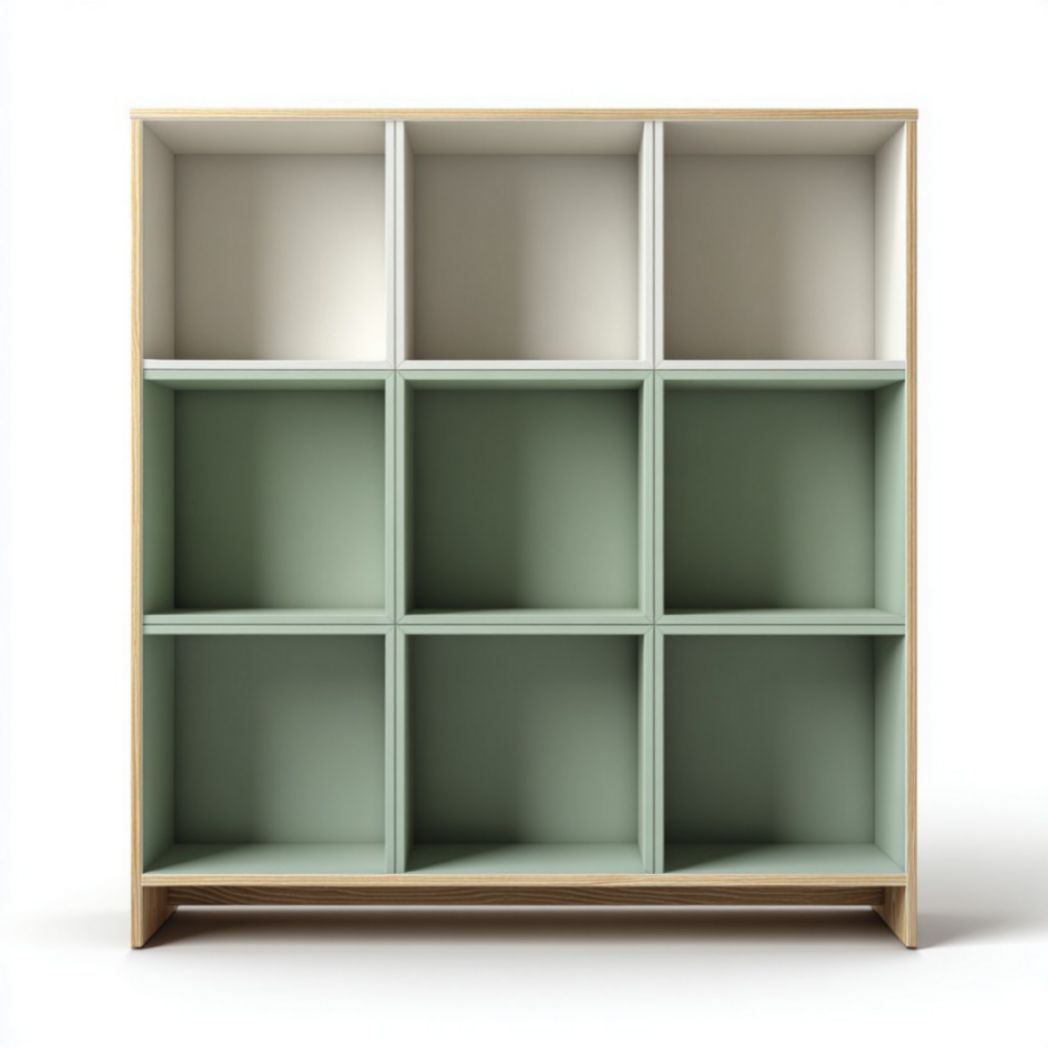 Libreria a giorno a 9 vani in legno di frassino con interni verde salvia e bianco