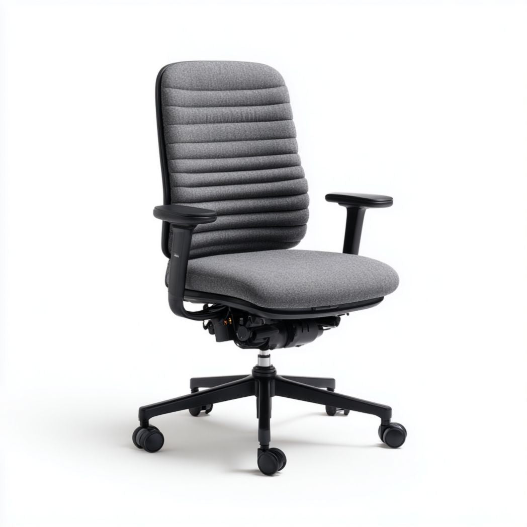Sedia da ufficio girevole con schienale a righe in tessuto poliestere grigio e struttura in nylon nero