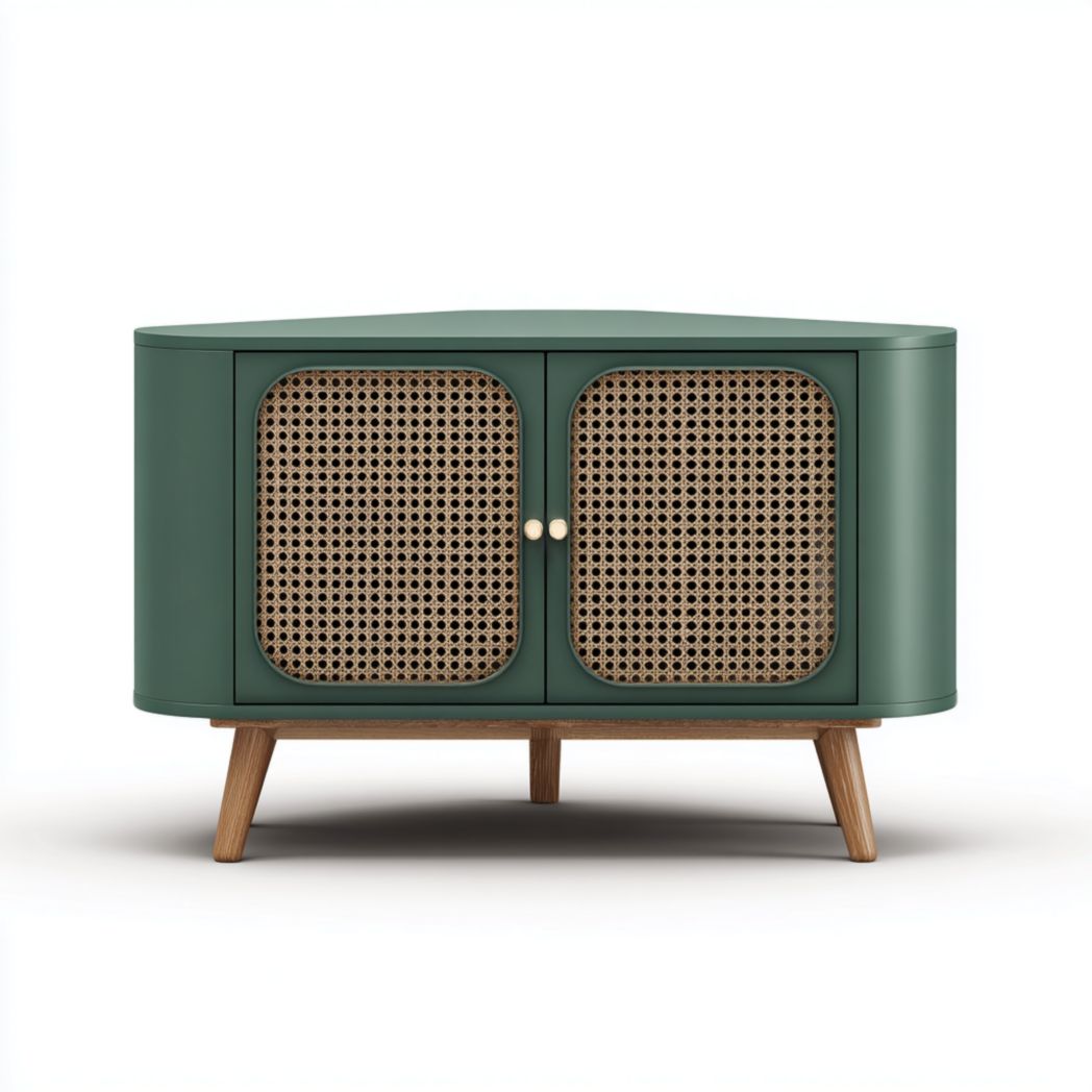 Mobile angolare verde in legno di pino con ante in rattan intrecciato