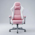 Sedia da gaming rosa e bianca con cuscini lombare e poggiatesta