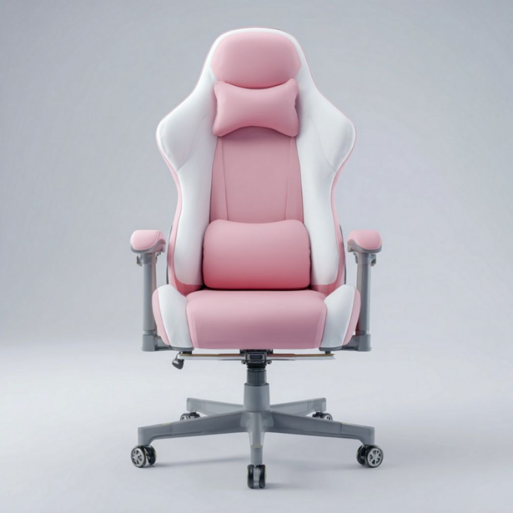 Sedia da gaming rosa e bianca con cuscini lombare e poggiatesta
