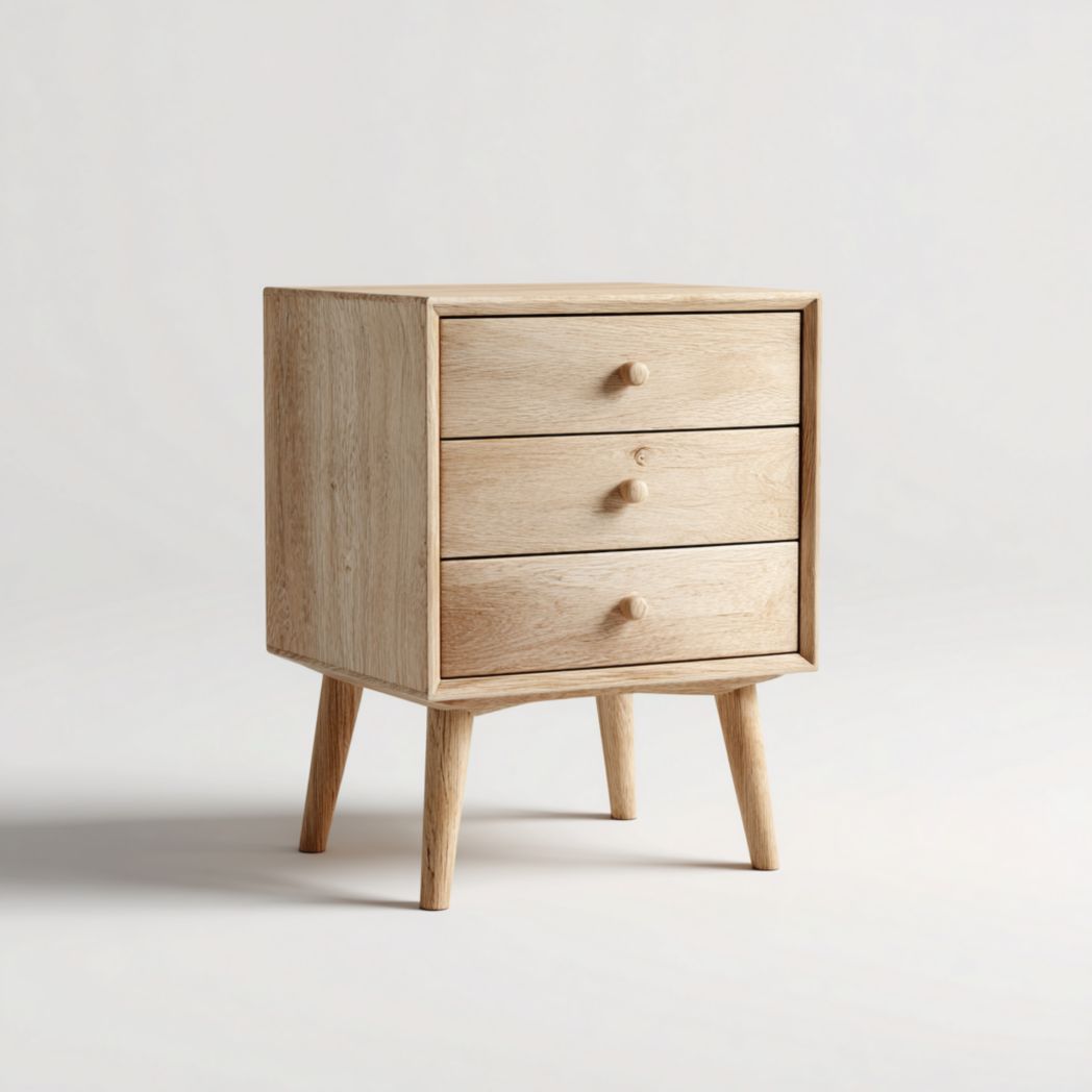 Comodino a tre cassetti in legno di rovere con gambe coniche 40x40x55 cm
